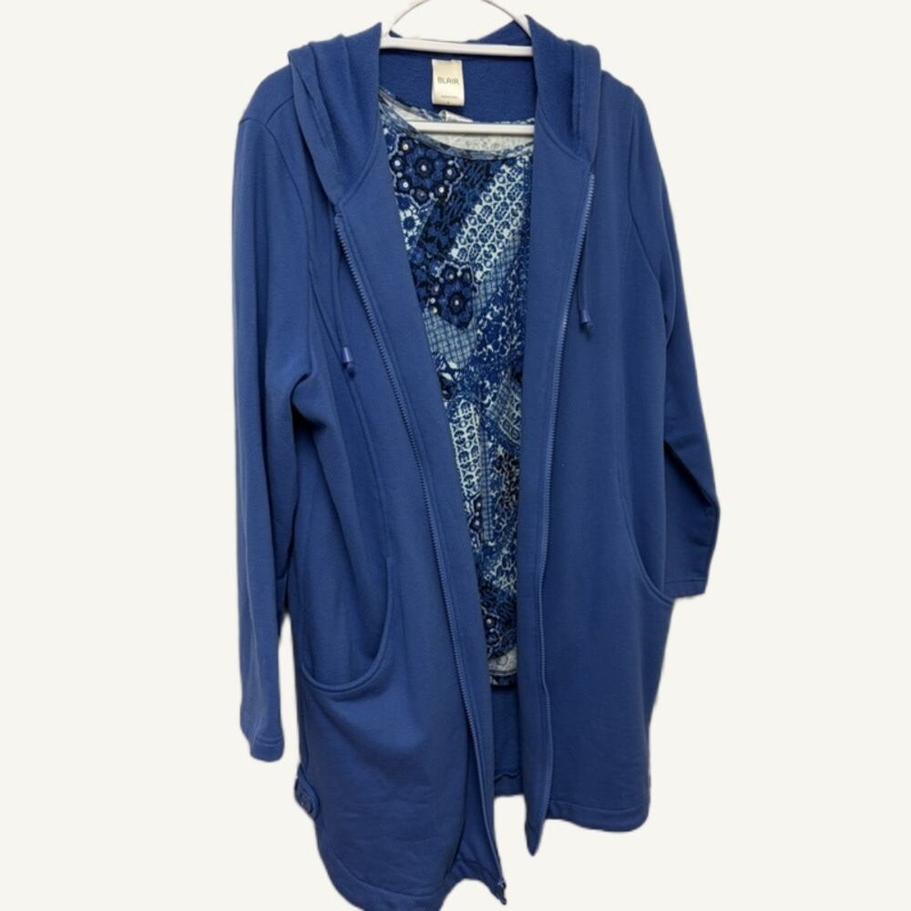 Blair Women's L Blue Patchwork Top & Full-Zip Knit Jacket Set - Excellent